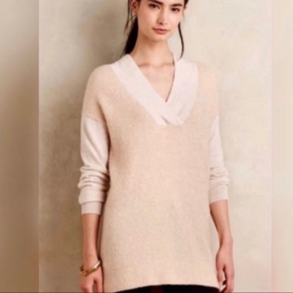 Anthropologie Cream & Blush V‑Neck Layered Sweater